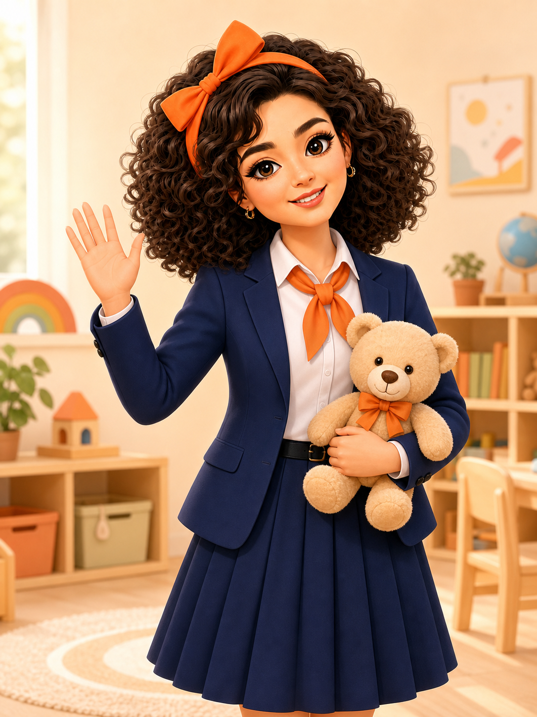 Mia waving while holding a teddy bear in a nursery classroom
