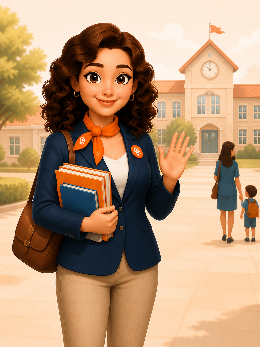 Mia waving with books outside a school